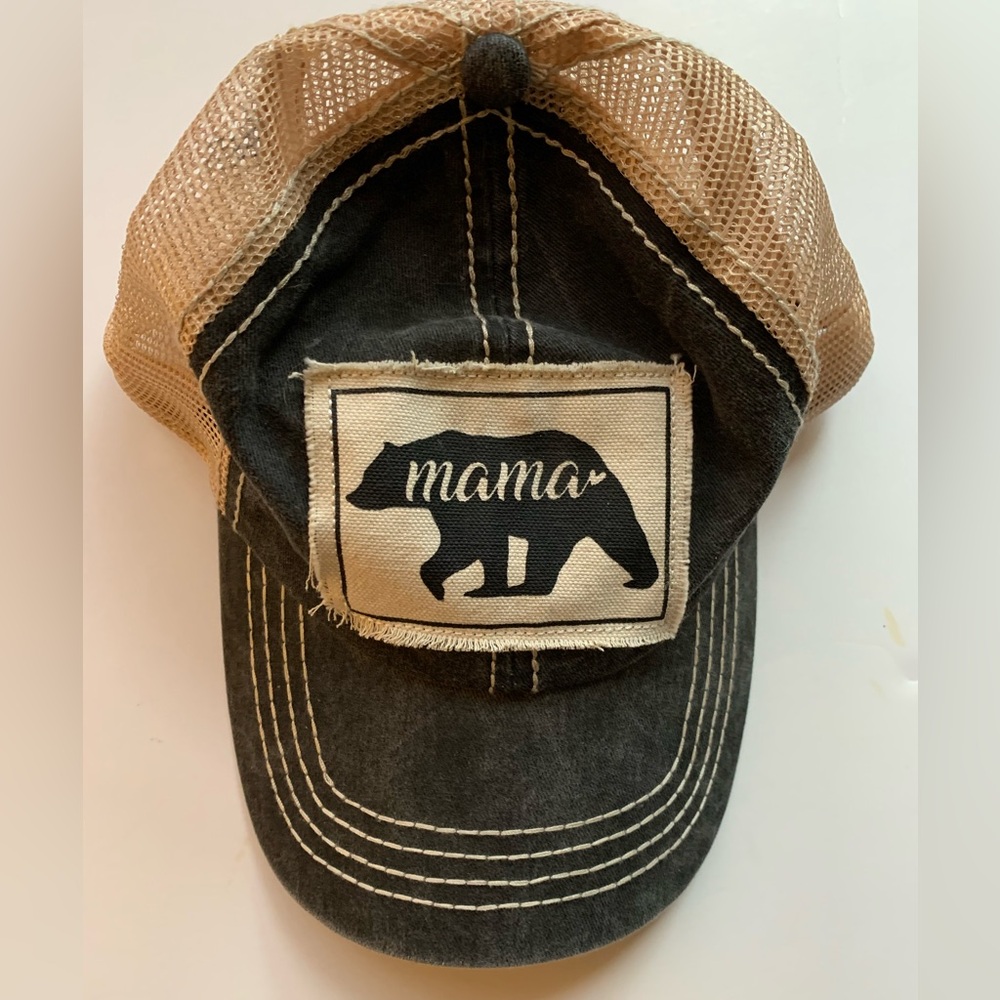 David & Young Mama Bear Distressed Trucker Hat Charcoal Beige Snapback OS